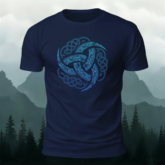 Viking Mythology Totem Print Casual Cotton T-Shirt Blue