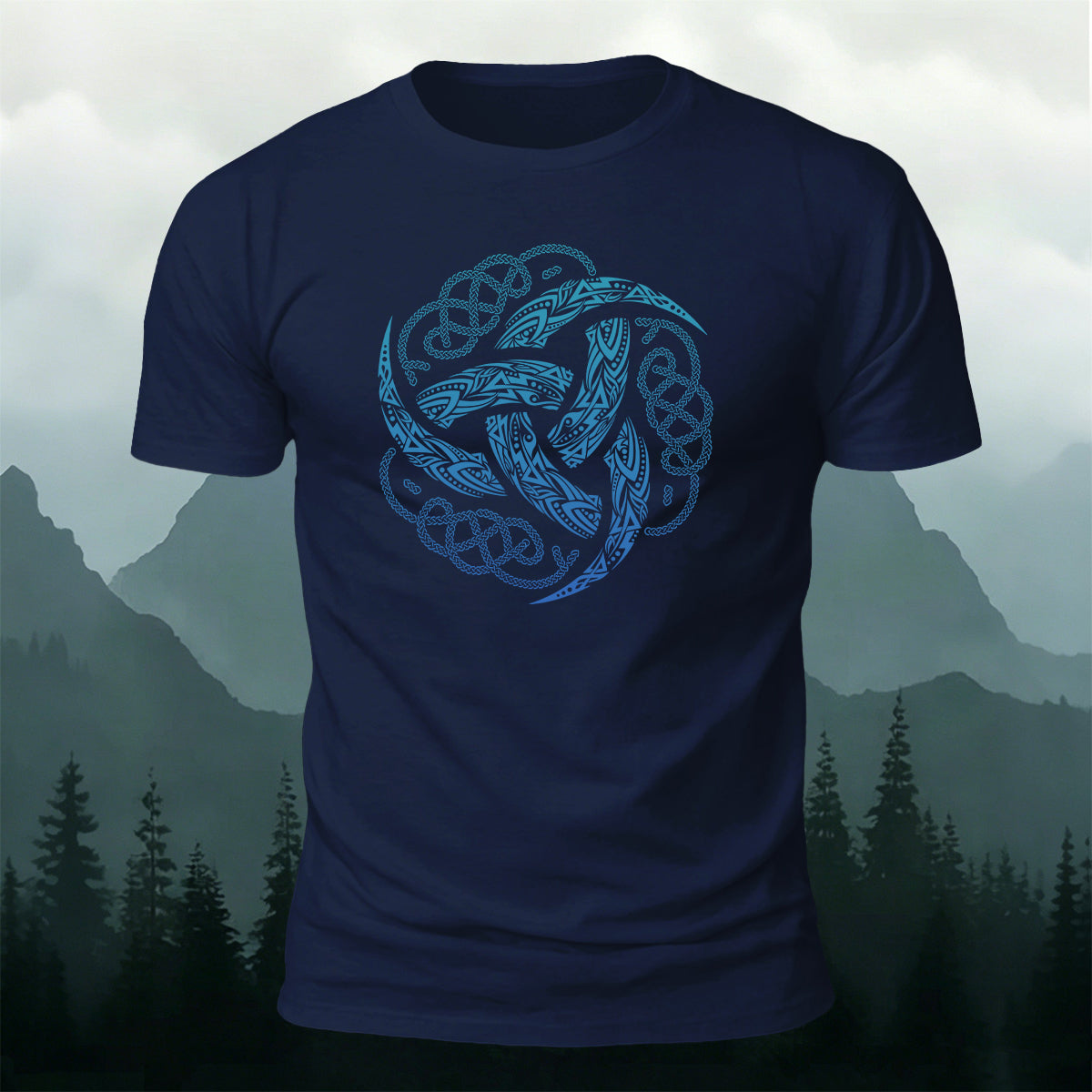 Viking Mythology Totem Print Casual Cotton T-Shirt Blue