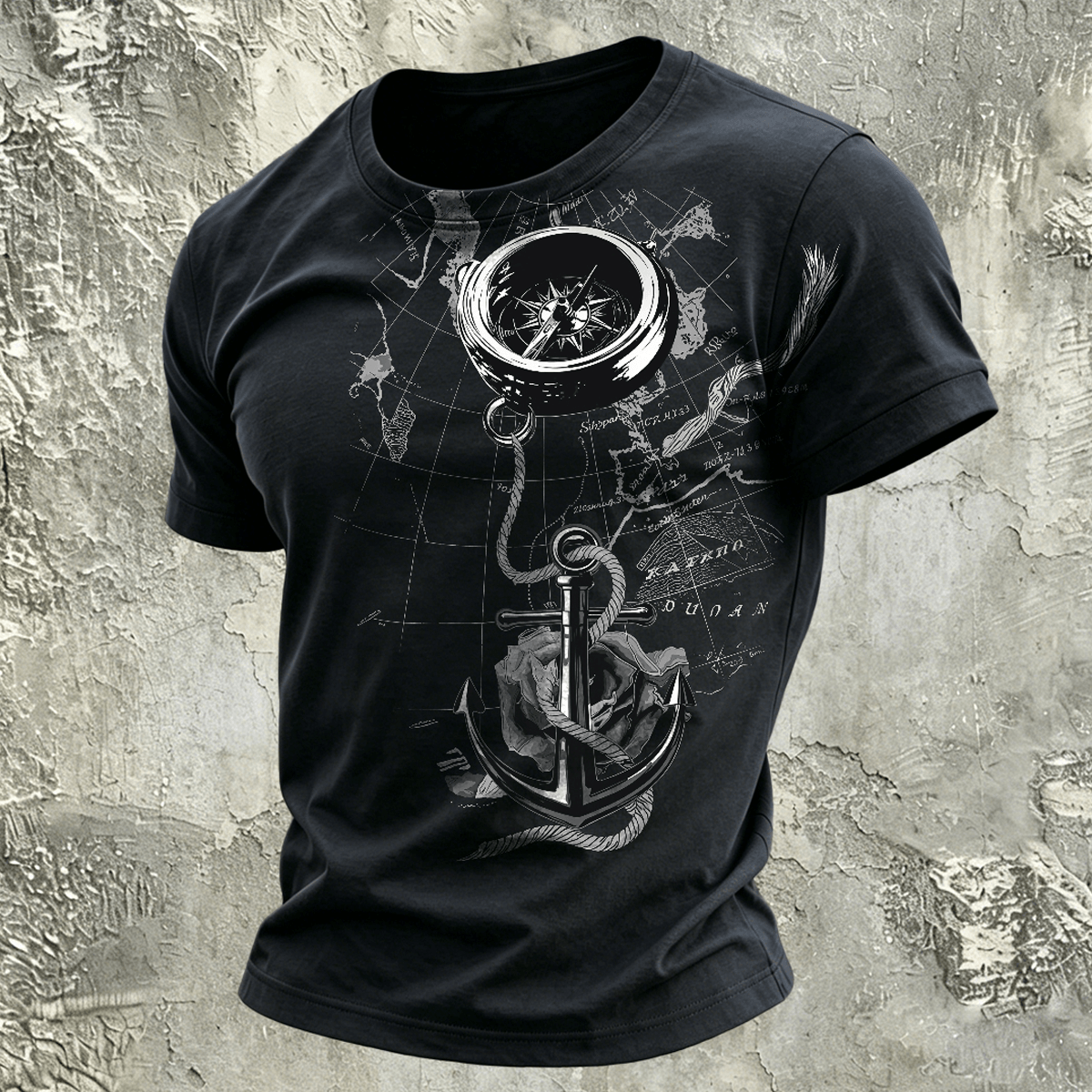 Nautical Map Graphic Comfortable Casual T-Shirt Black