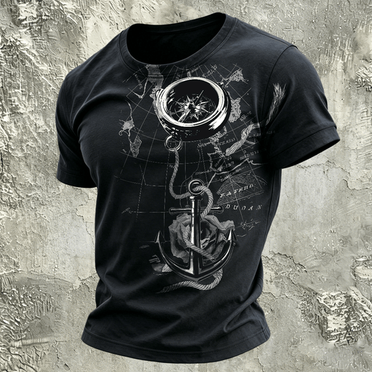 Nautical Map Graphic Comfortable Casual T-Shirt Black