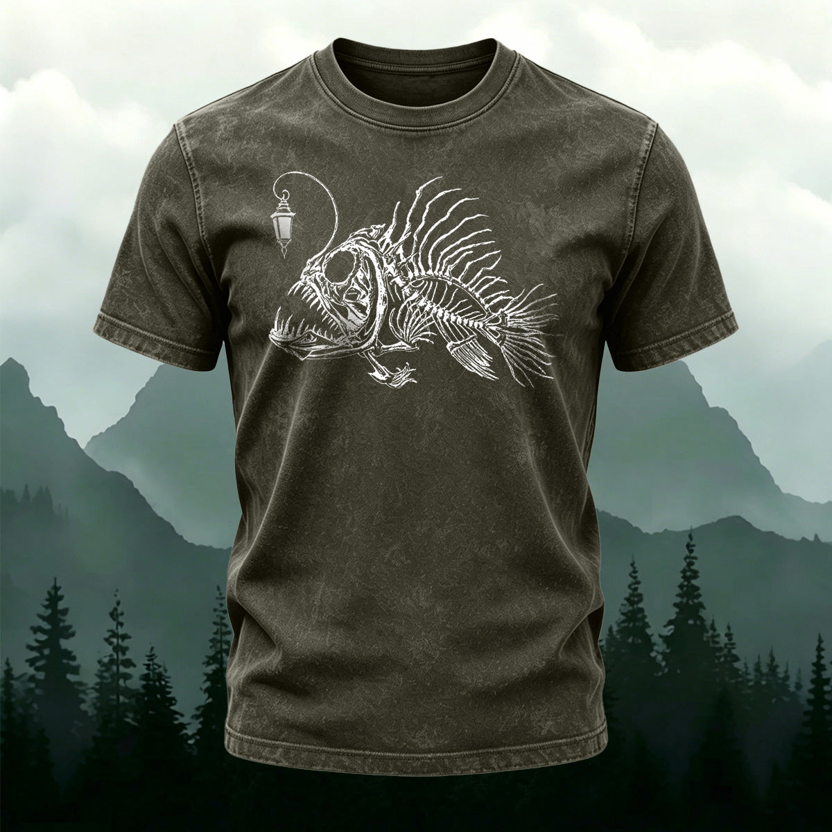 Lanternfish Pattern Streetwear Washed Cotton T-Shirt