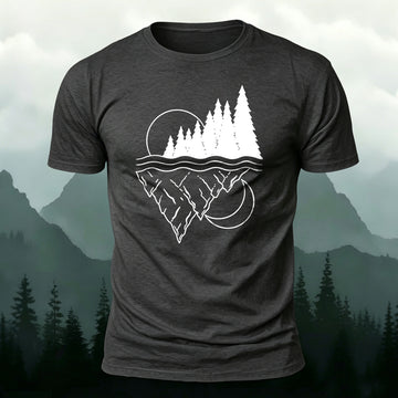 Line-drawn Landscape Pattern Soft-touch Feel T-Shirt Dark Grey