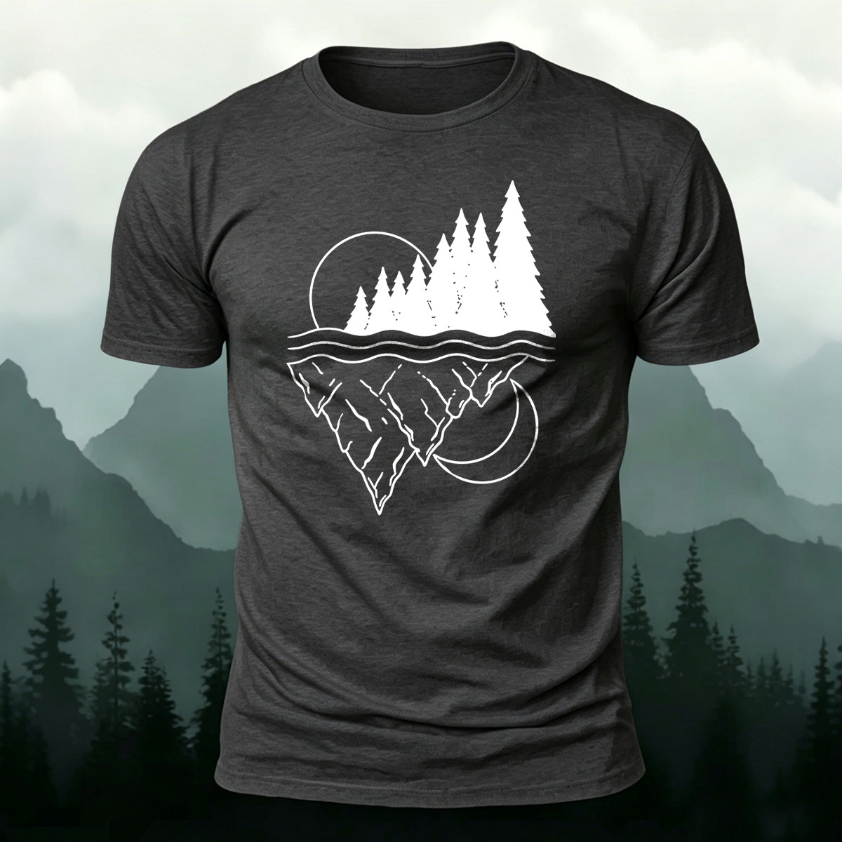 Line-drawn Landscape Pattern Soft-touch Feel T-Shirt Dark Grey