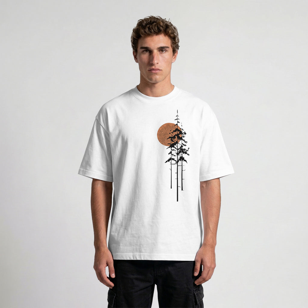 Retro Sunset Pine Tree Print Cotton T-Shirt