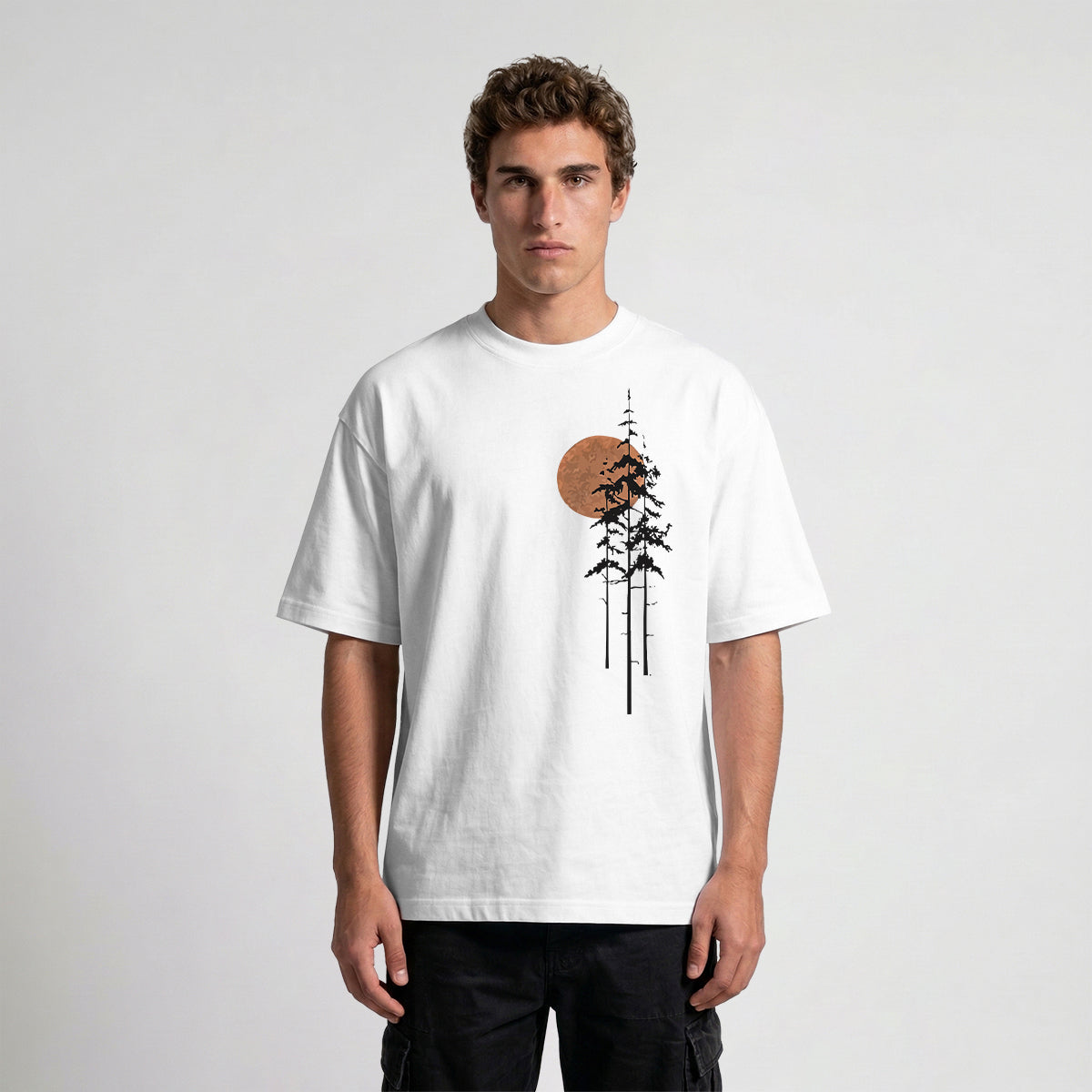 Retro Sunset Pine Tree Print Cotton T-Shirt