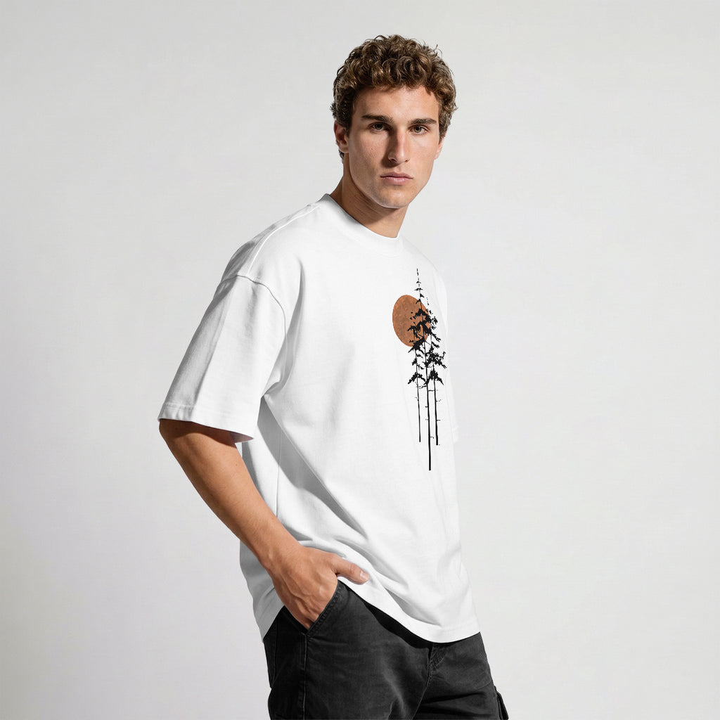 Retro Sunset Pine Tree Print Cotton T-Shirt