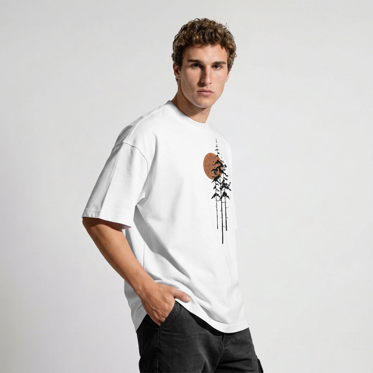 Retro Sunset Pine Tree Print Cotton T-Shirt
