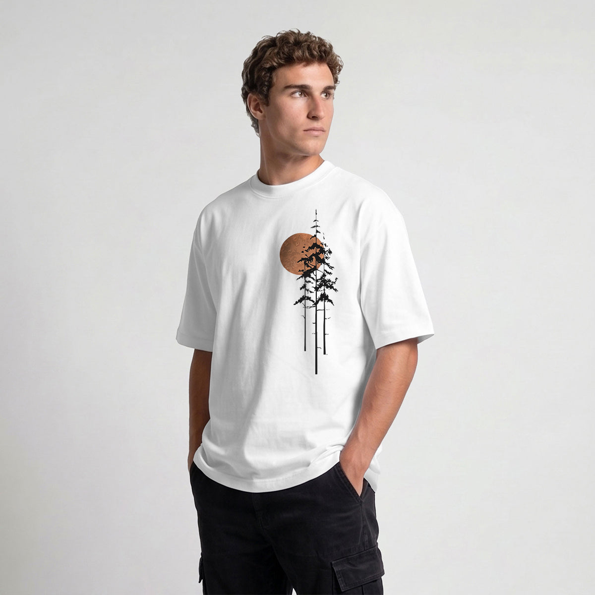 Retro Sunset Pine Tree Print Cotton T-Shirt