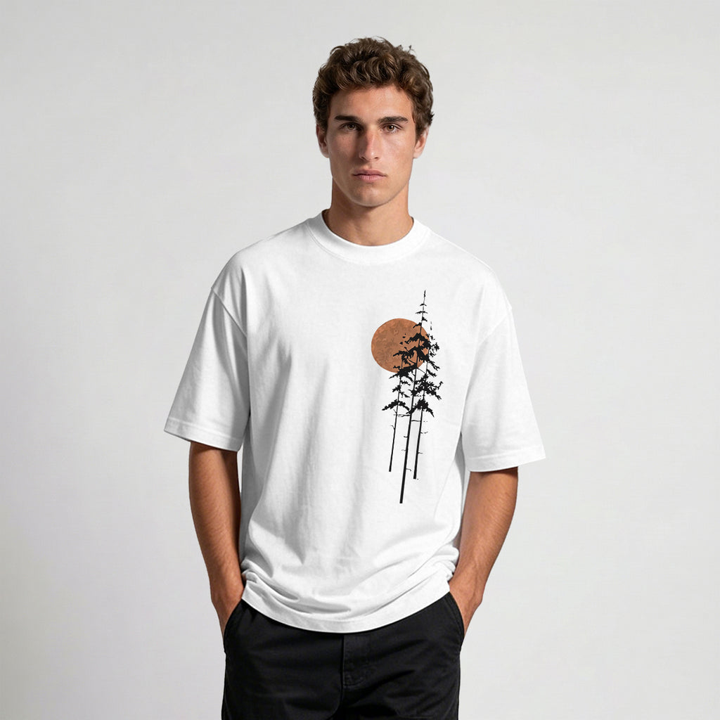 Retro Sunset Pine Tree Print Cotton T-Shirt