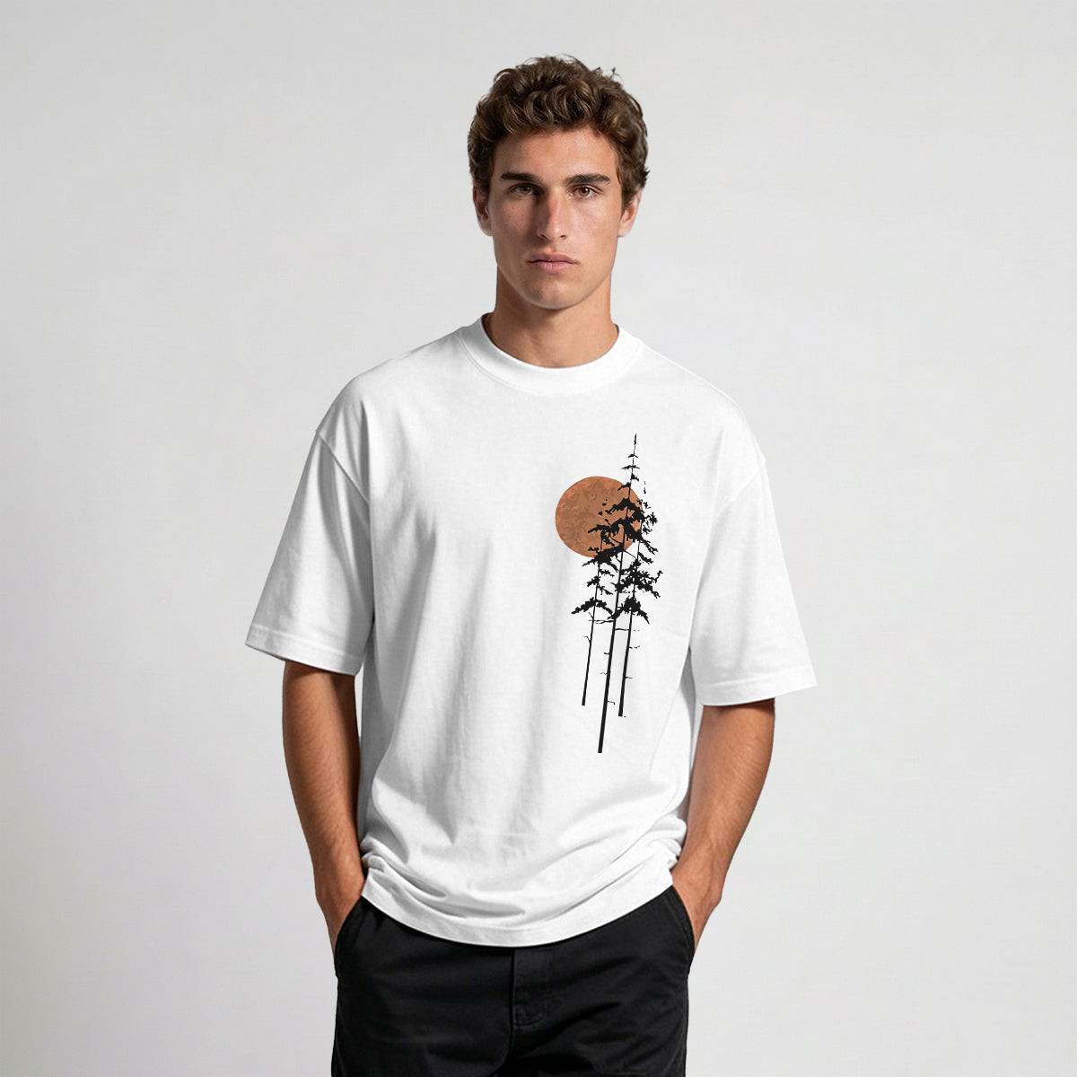Retro Sunset Pine Tree Print Cotton T-Shirt