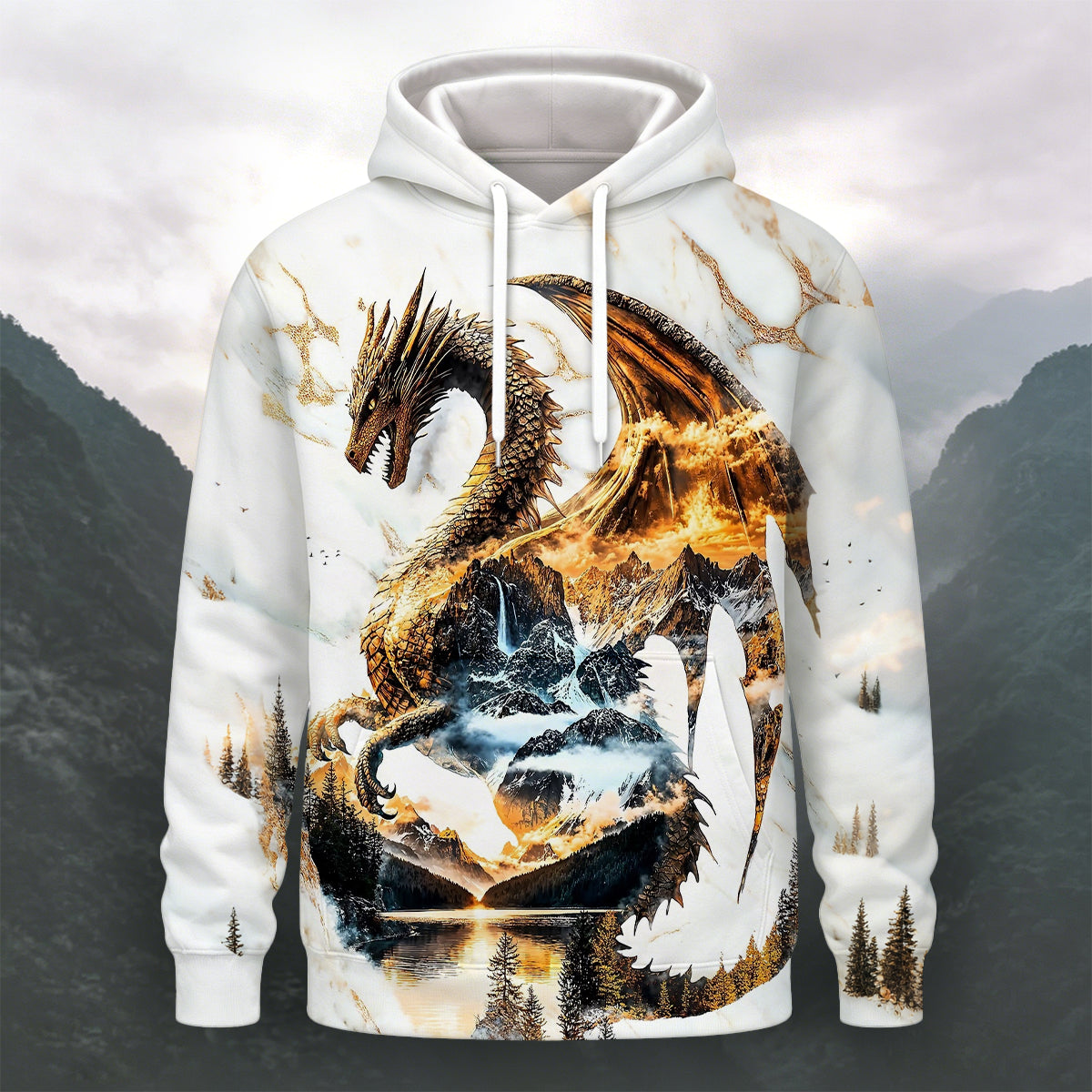 Mountain Dragon Myth Print Casual Long-Sleeve Hoodie