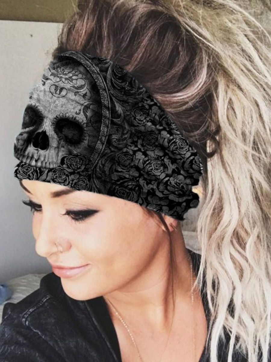 Fashion Skull Print Black Stretch Headscarf