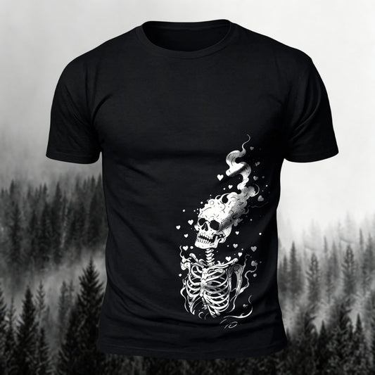 Smoking Skeleton & Floating Hearts Printed Short Sleeve T-Shirt