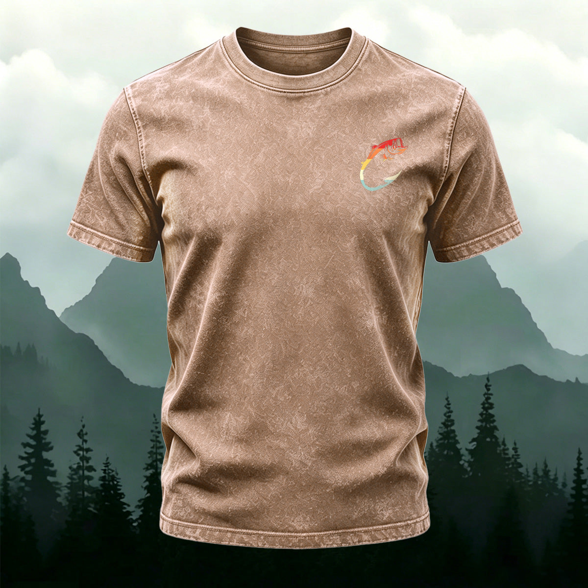 Fish Pattern Minimalist Style Washed Cotton Casual T-Shirt Coffee