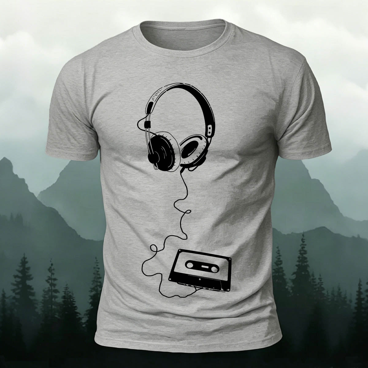 Vintage Headphones Music Print Cotton T-Shirt