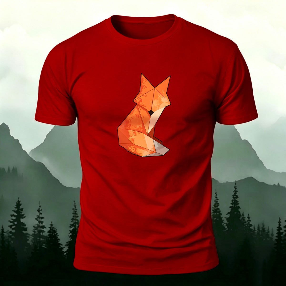 Origami Fox Print Premium Cotton Casual T-Shirt  Red
