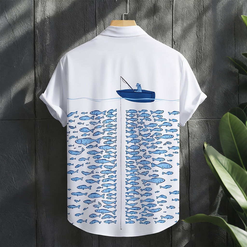 Ocean Sardine Print Slim-Fit Beach Shirt