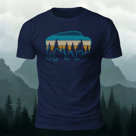 100% Cotton Minimalist Forest Silhouette Bison Pattern Tee