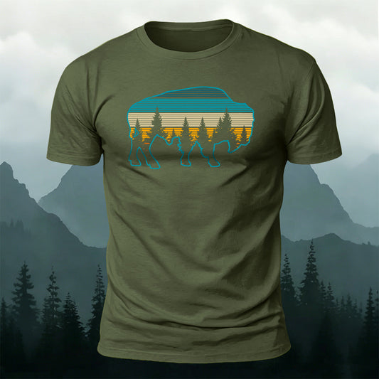 100% Cotton Minimalist Forest Silhouette Bison Pattern Tee
