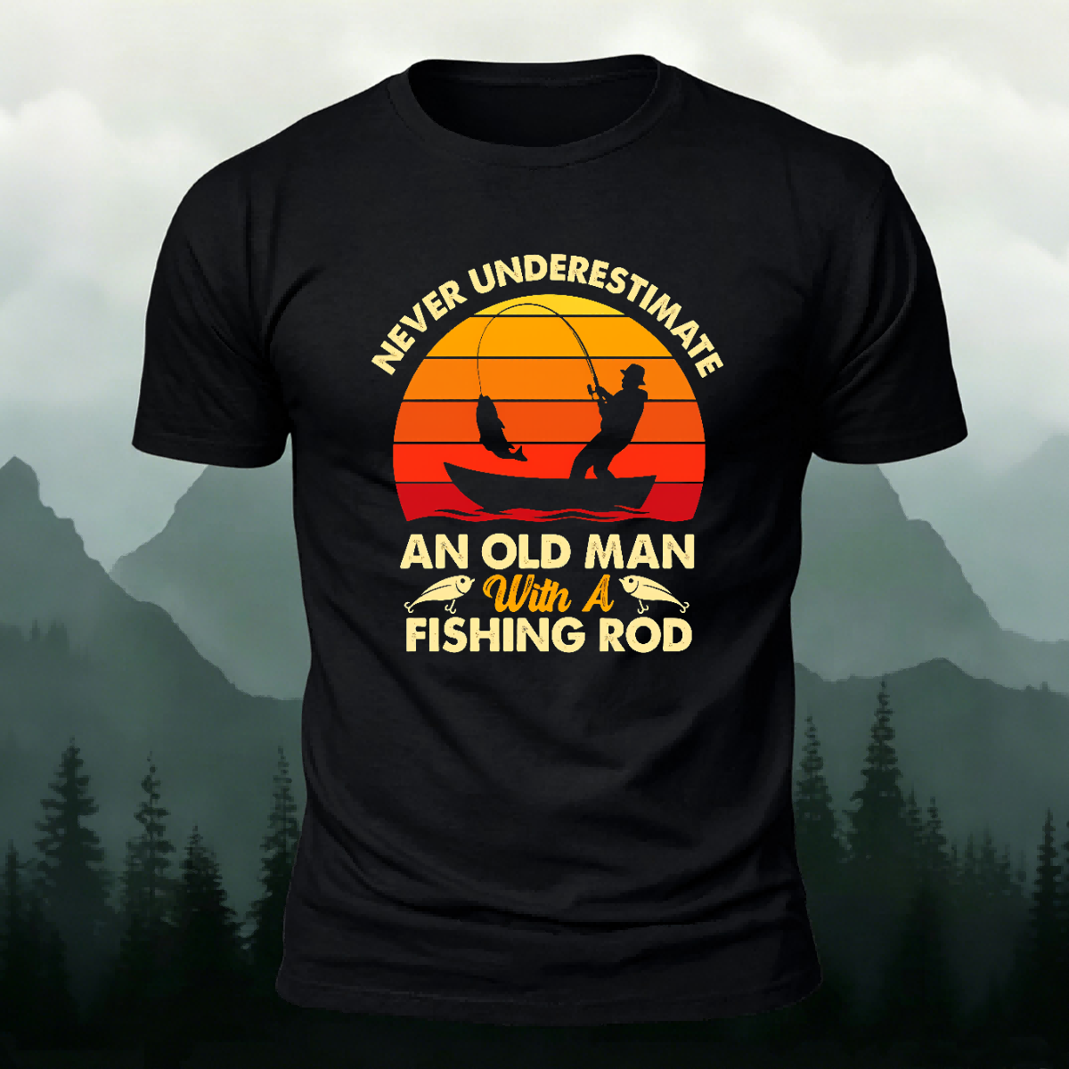 Enjoying Fishing Pattern Casual Daily Cotton T-shirt Black