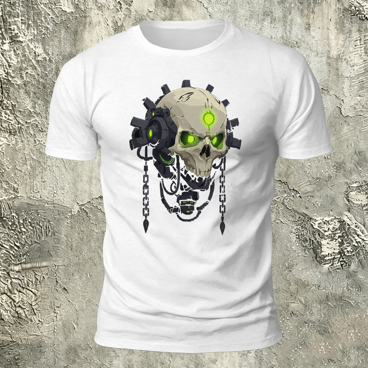 Mechanical Skull Print Cotton Crew Neck T-Shirt