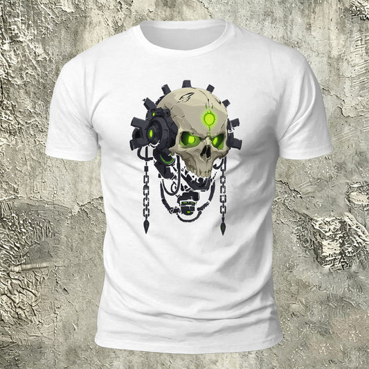 Mechanical Skull Print Cotton Crew Neck T-Shirt
