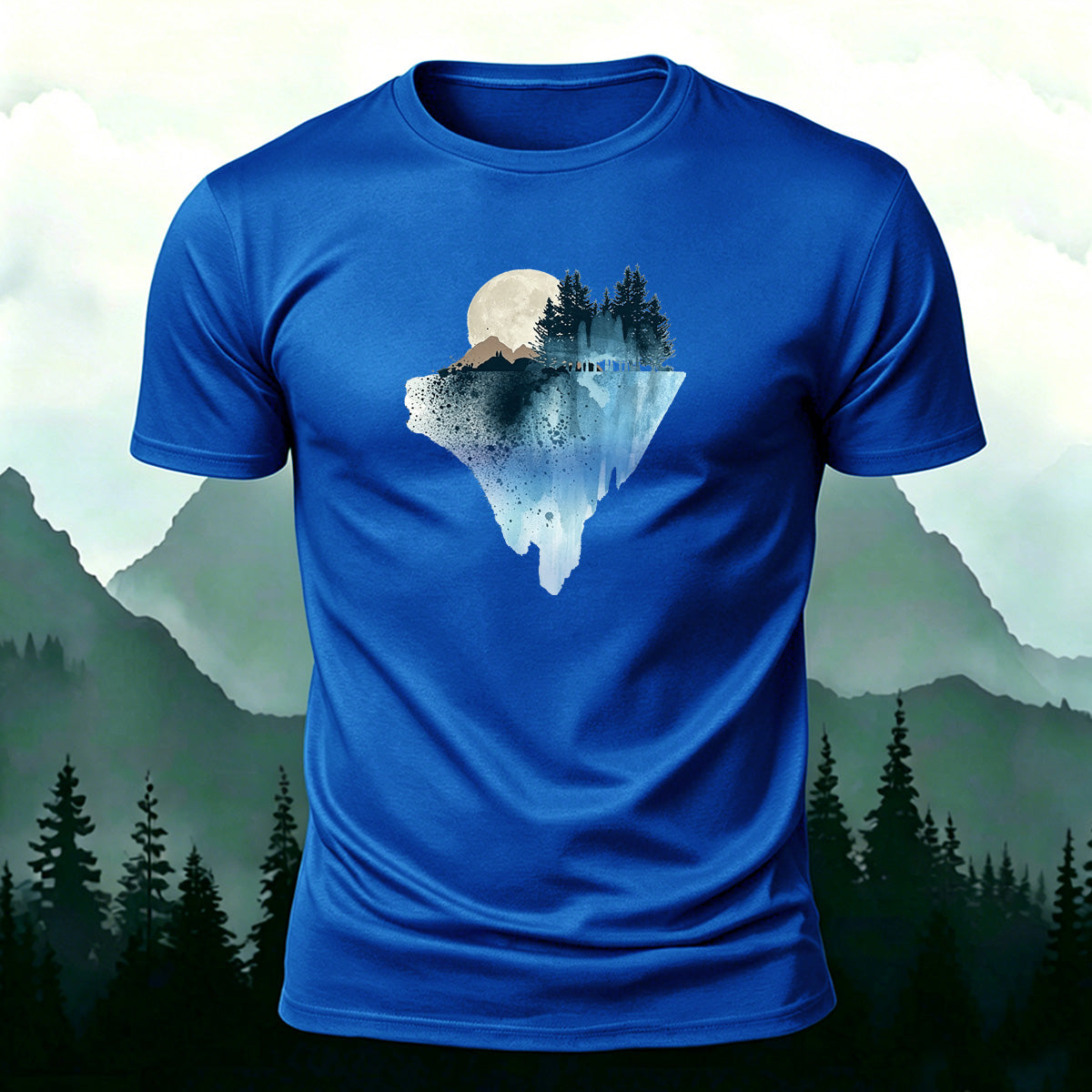 Natural Scenery Print Breathable Material Casual T-Shirt Blue