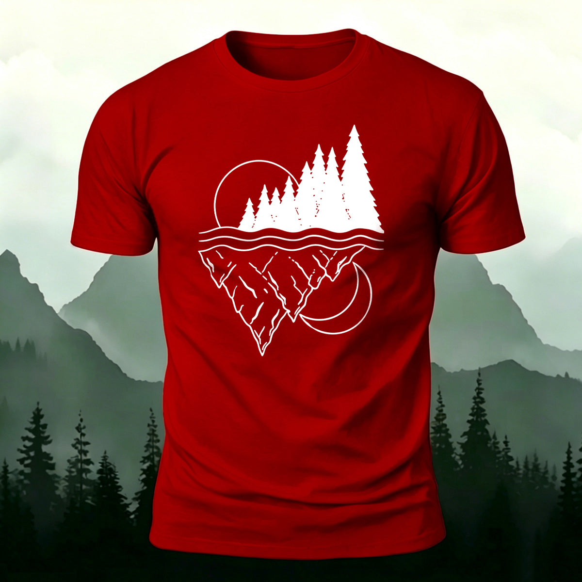 Line-drawn Landscape Pattern Soft-touch Feel T-Shirt Red