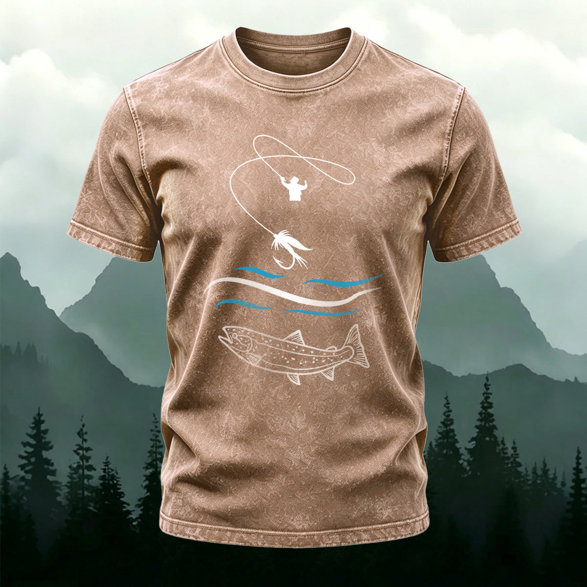 Fishing Pattern Natural Style Ultra-soft Fabric T-Shirt Coffee