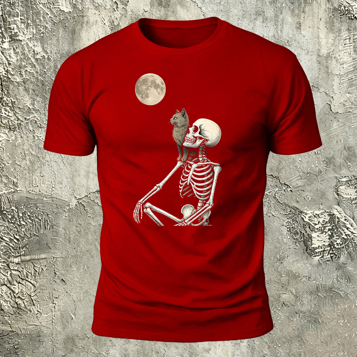 White Skull Moon-Print Casual Cotton T-Shirt