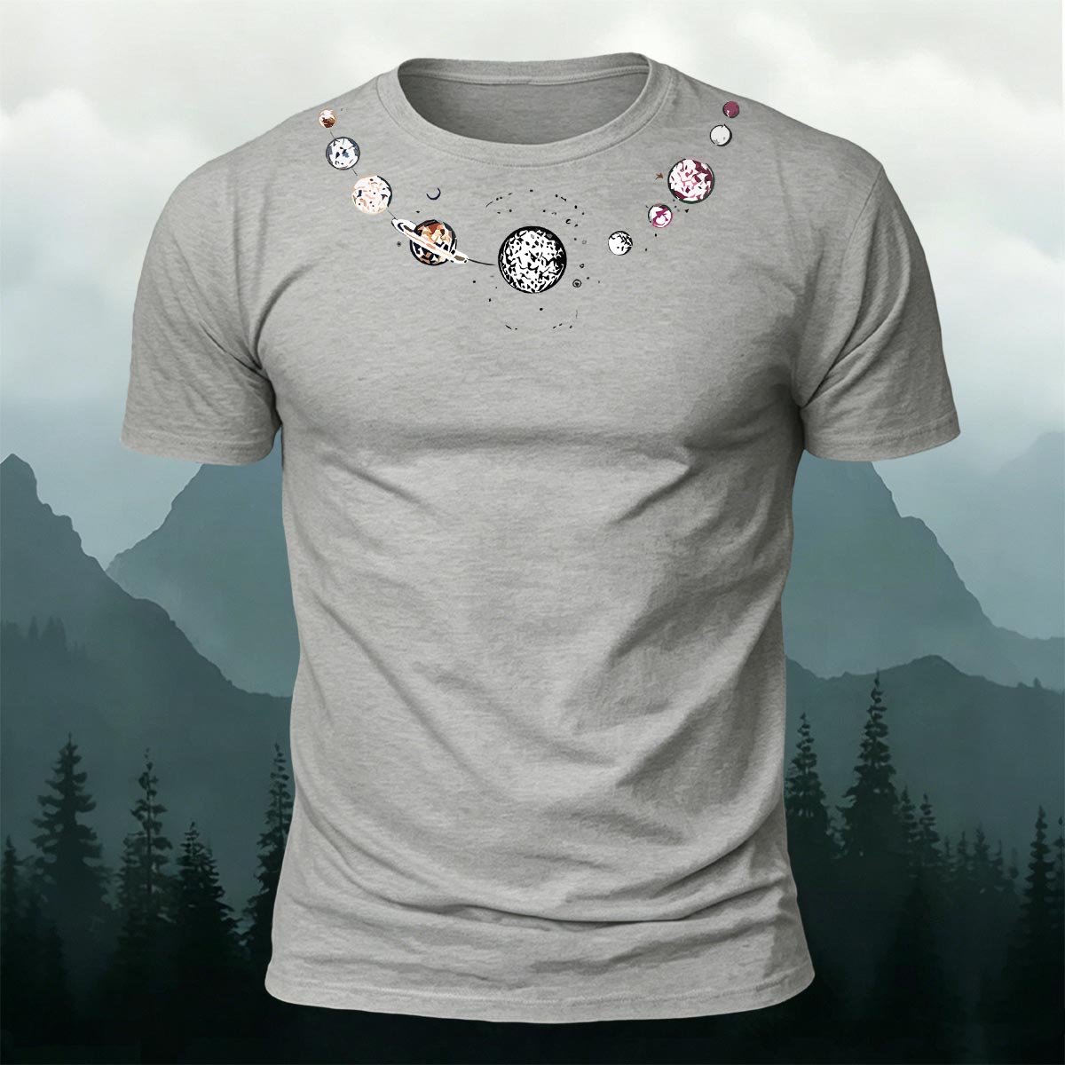 Fashionable Planet-Print Casual Cotton T-Shirt Grey