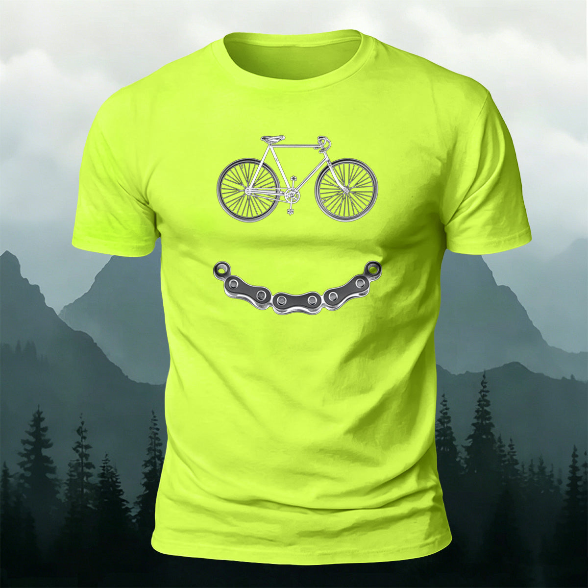 Bicycle-Motif Smile Print Outdoor Cotton T-Shirt