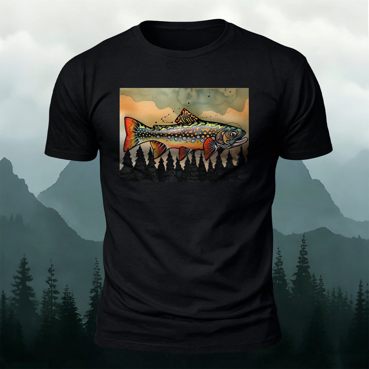 Oil Painting Fish Print Vintage Premium Cotton T-Shirt
