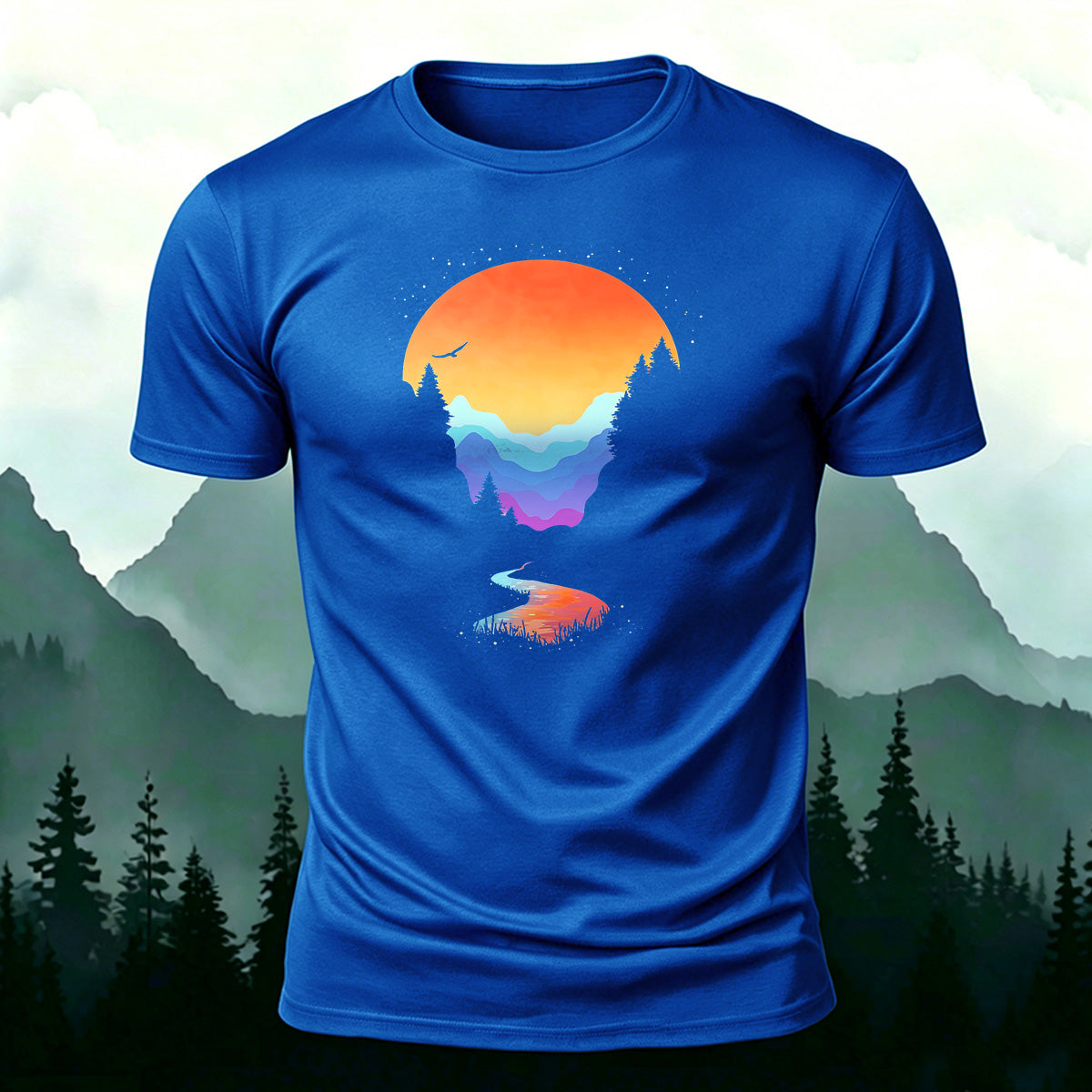 Sunset Scenery Printed Natural Style Skin-friendly T-Shirt Blue