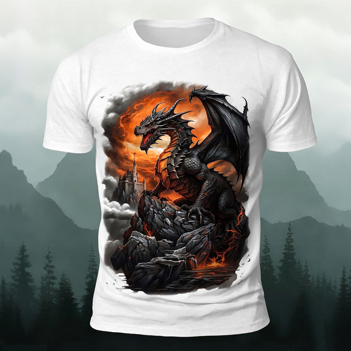 Dark Dinosaur Print Casual Crew Neck T-Shirt White