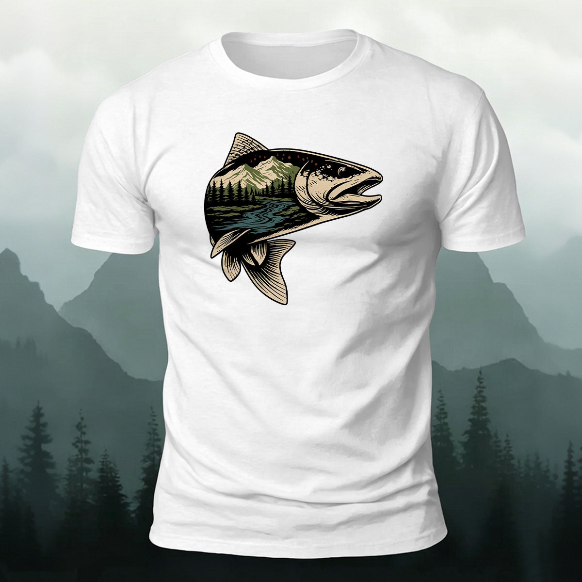 Trout Scenic Pattern Simple Casual Cotton T-Shirt