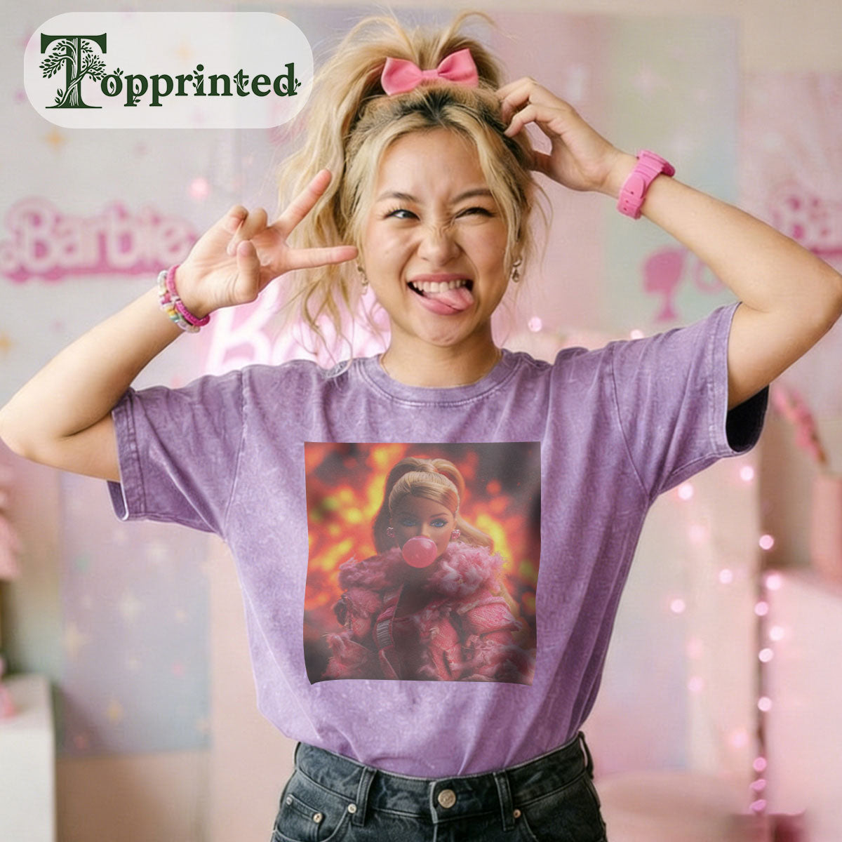 Princess Print Washed Crew Neck T-Shirt Purple