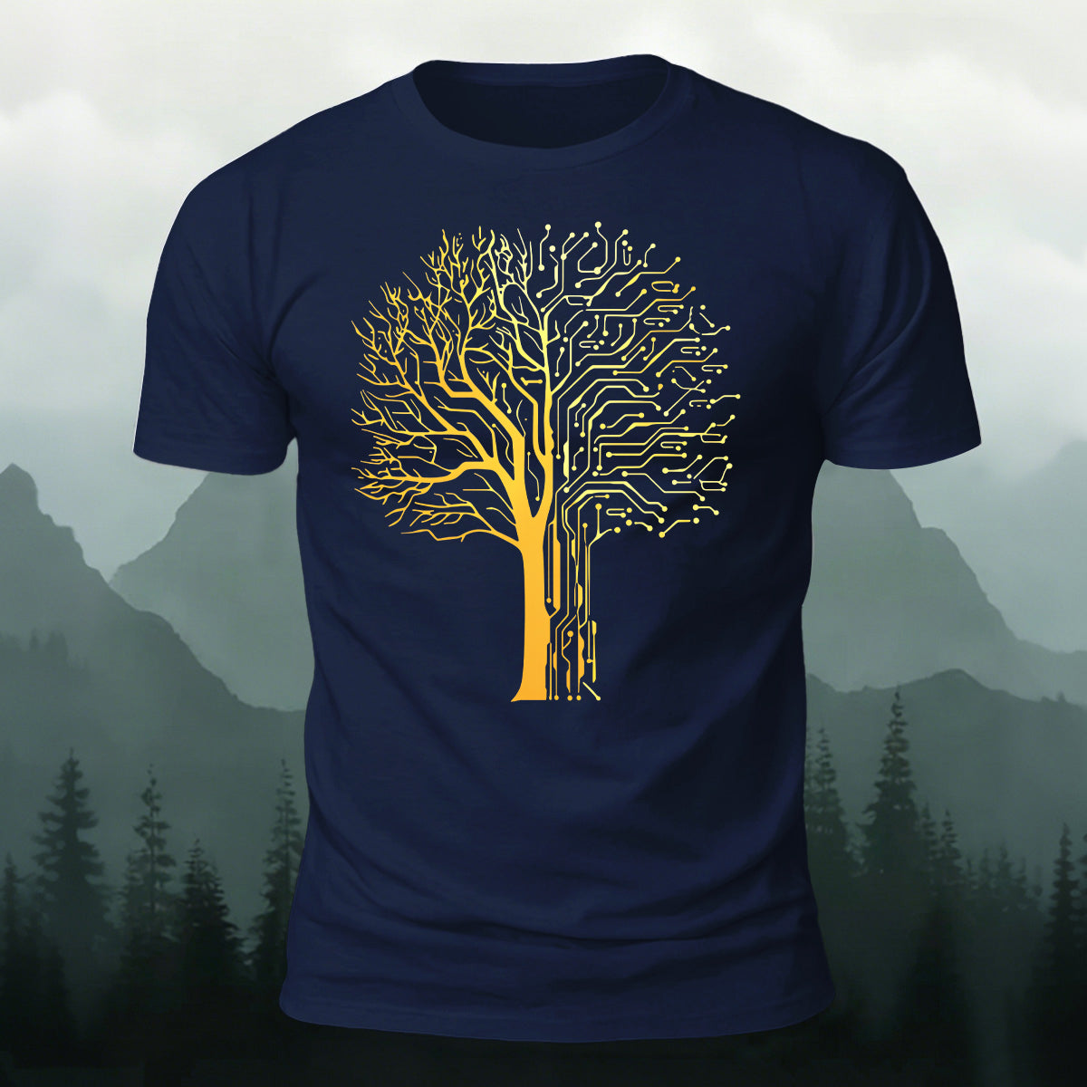 Tech-inspired tree print combed cotton T-shirt Navy
