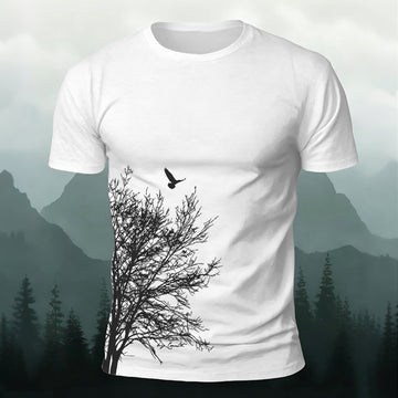 Minimalist  Tree Pattern Natural Style Casual T-Shirt White