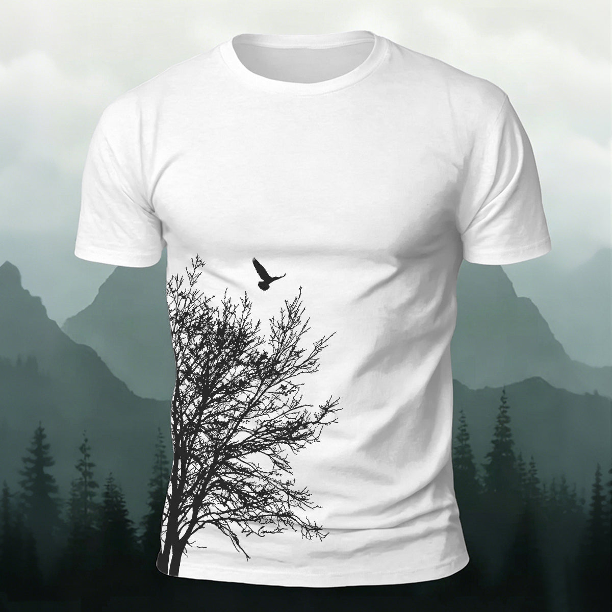 Minimalist  Tree Pattern Natural Style Casual T-Shirt White