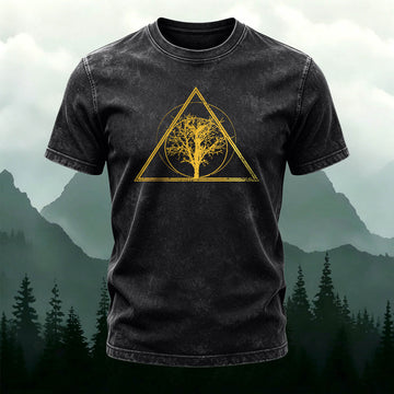 Washed Cotton Geometric Triangle Tree Casual T-Shirt