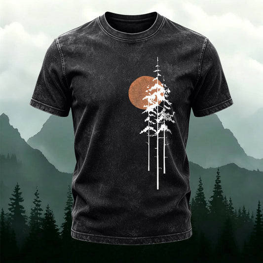 Water-Washed Cotton Red Sun Print Slim-Fit Casual T-Shirt