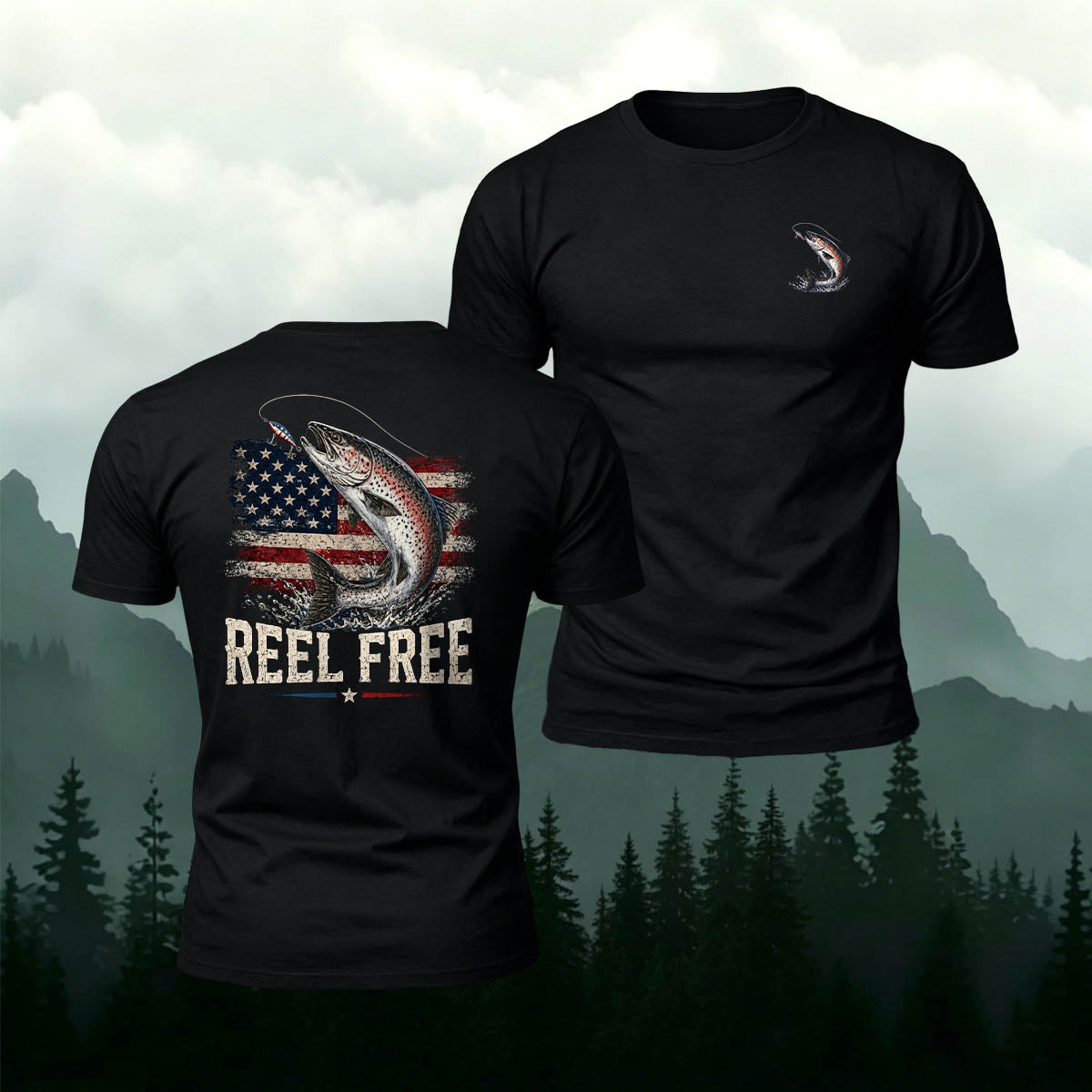 American Retro Trout Print 100% Cotton T-Shirt