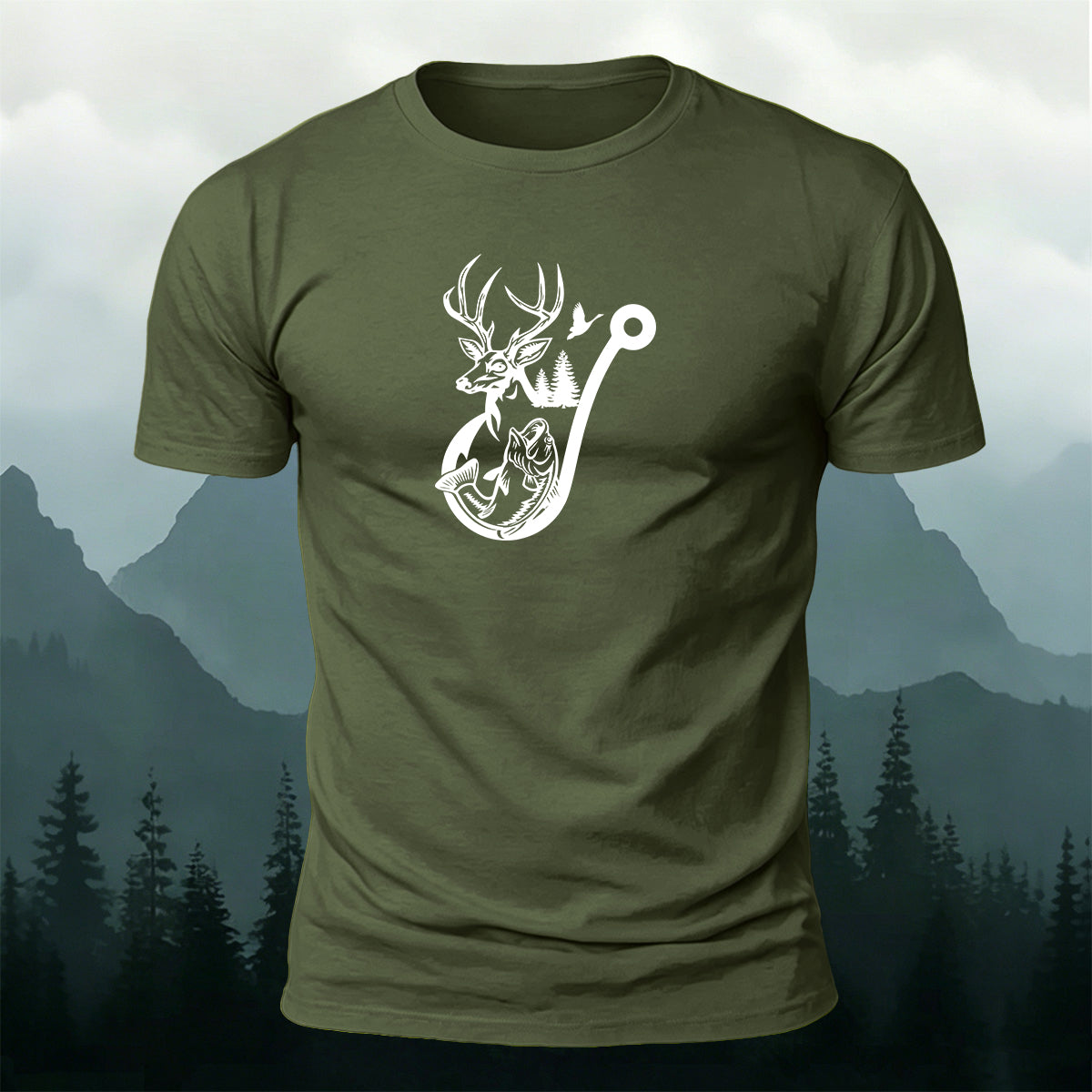 Deer Head Silhouette Print  Round-Neck Cotton T-Shirt
