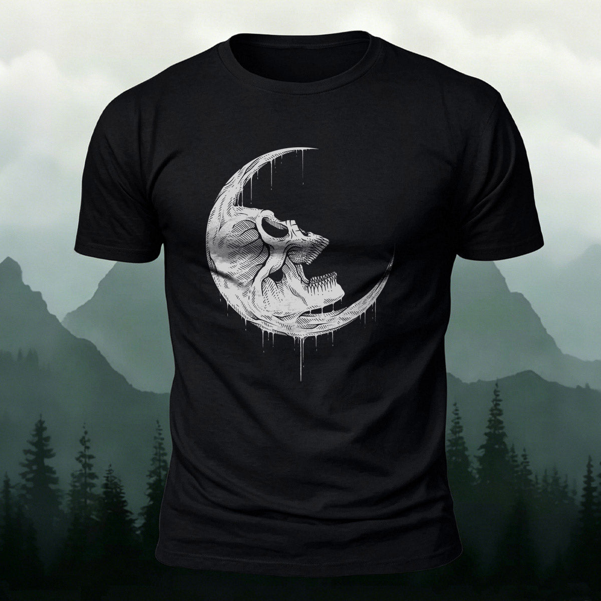 Skull Moon Graphic Trend Premium Cotton T-Shirt Black