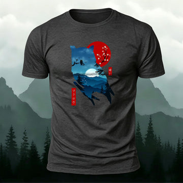 Cotton Ukiyo-e Owl Print Crew Neck T-Shirt