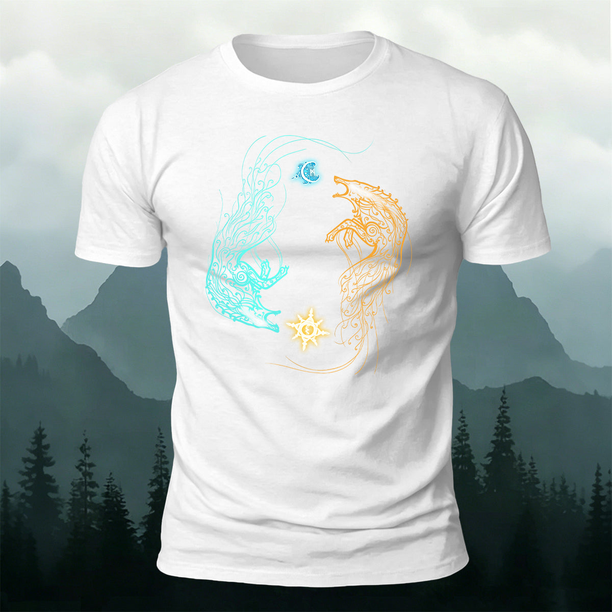 Sun and Moon Chasing Totem Print Versatile  Cotton Tee