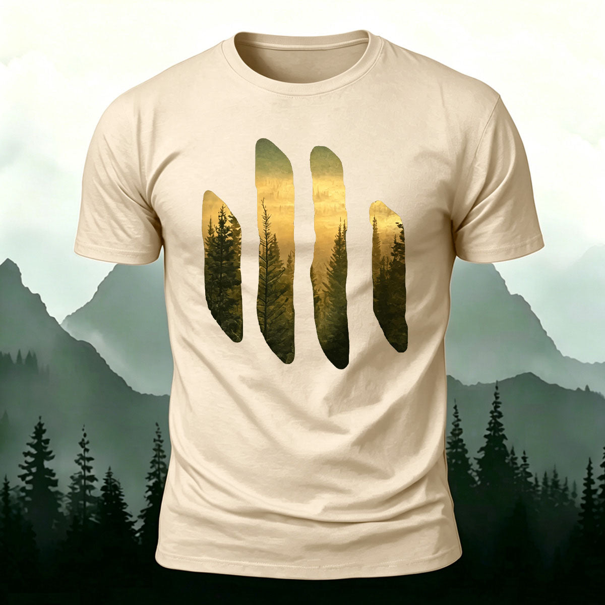 Beautiful Scenery Pattern Retro Casual Cotton T-Shirt Beige
