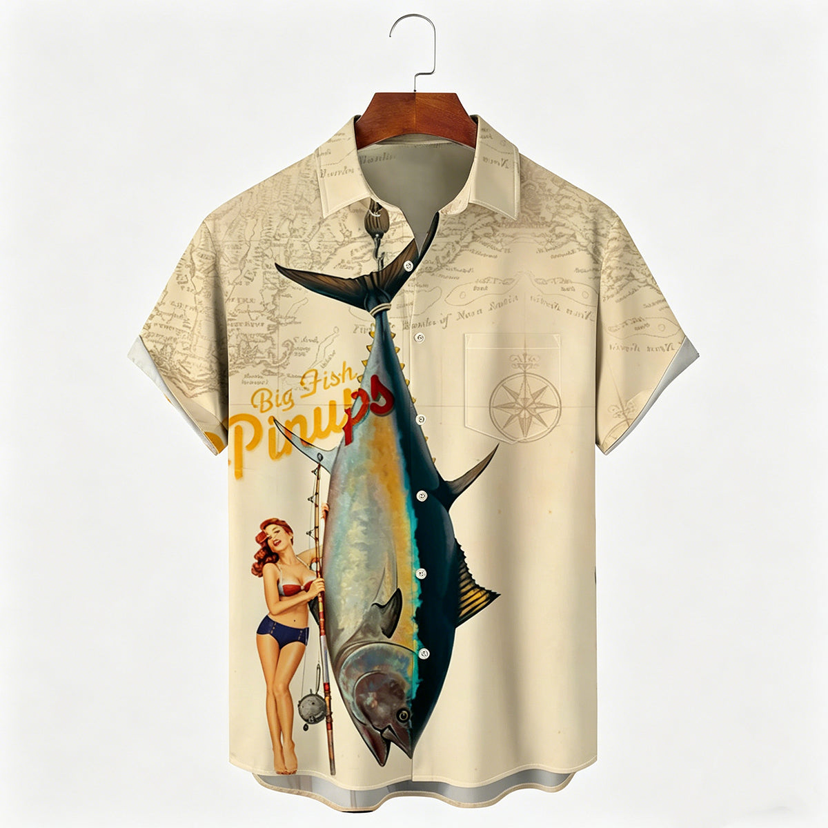 Retro Big Fish Pattern Print Short-Sleeve Shirt