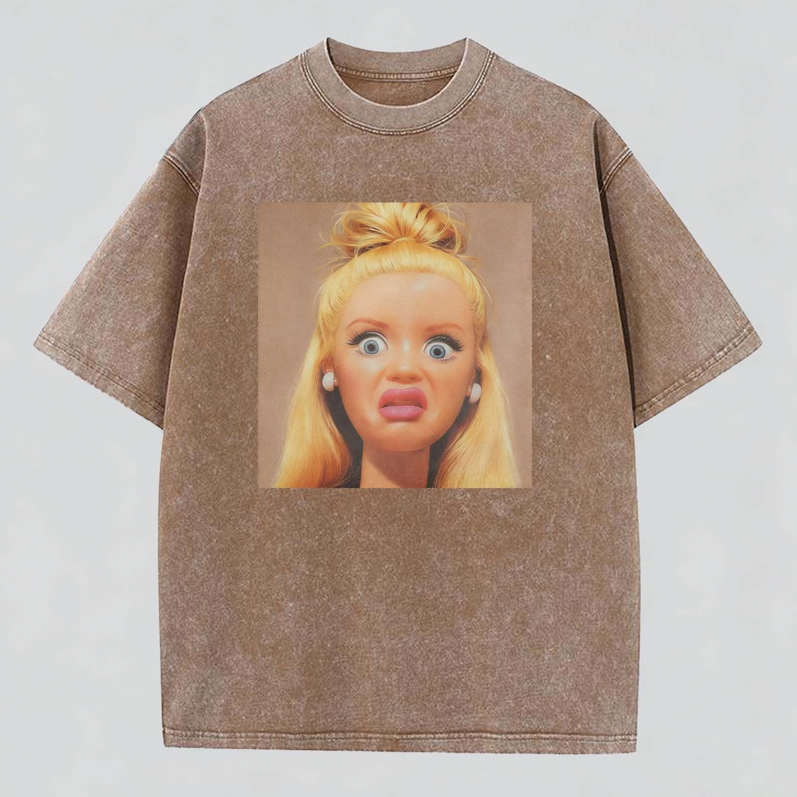 Shocked Face Print Washed Cotton Crew Neck T-Shirt